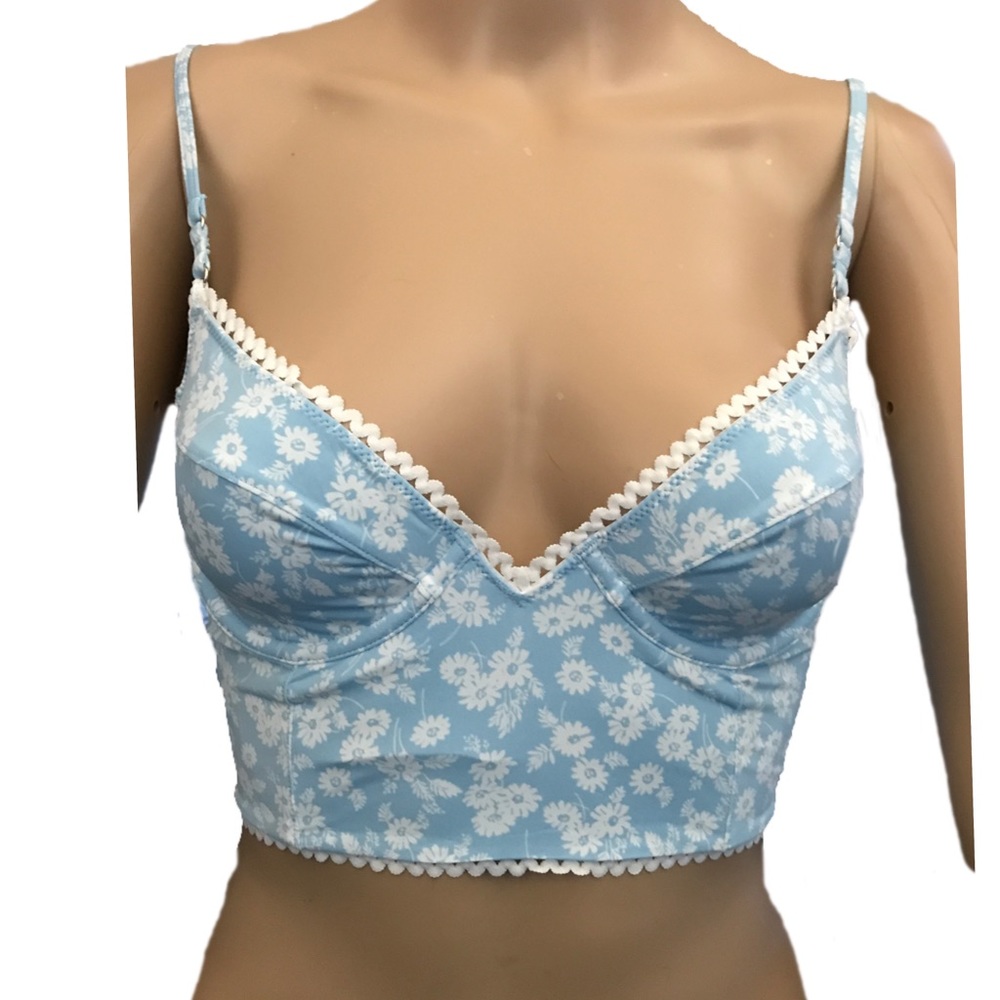 Free People Size Small Lulu Longline Underwire Bra Blue w/White Floral